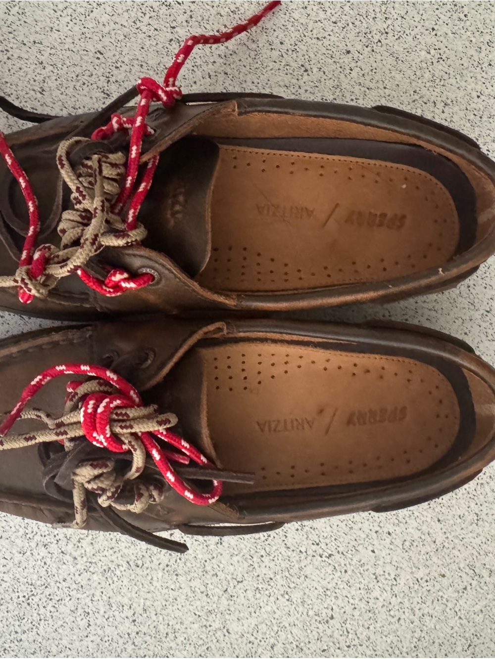 Aritzia Brown Leather Casual Boat Flats with Red Accent Laces